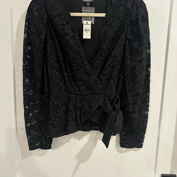 Express Lace V-Neck Long Sleeve Tie Waist Peplum Top - Picture 15 of 16